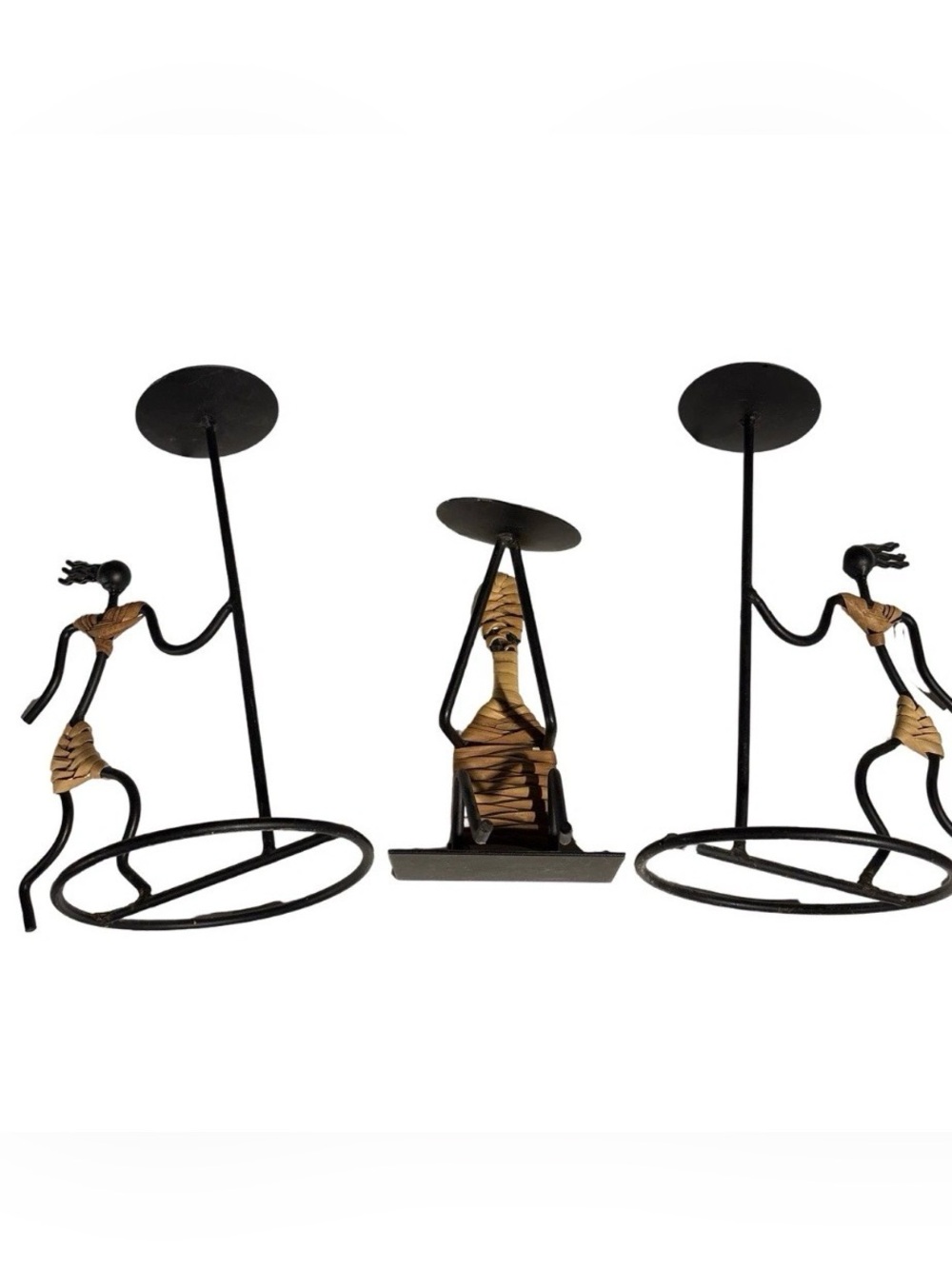 Vintage Brutalist Metal Figural Sculptures Candle Holders Tribal MCM Set of 3